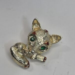 gerrys small gold tone Woodland Creature Fox brooch pin green rhinestone woodsy